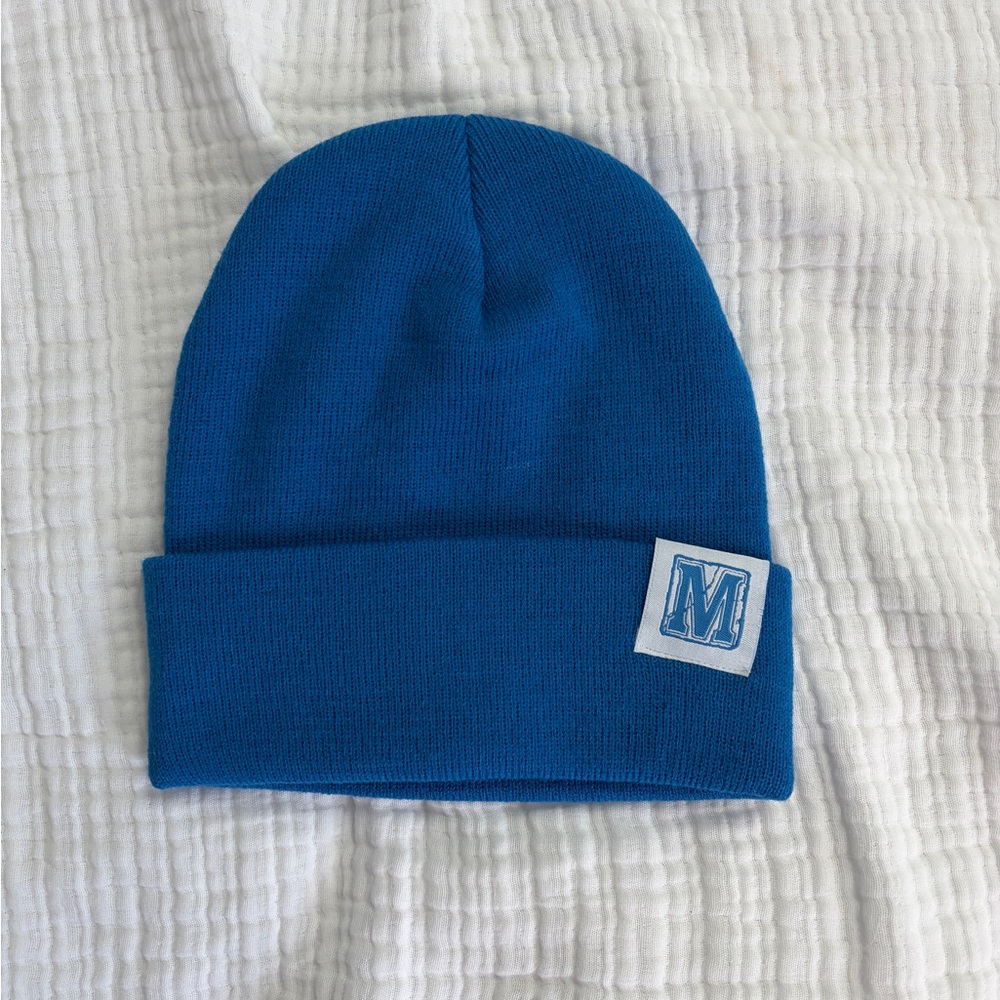 Blue Knit Beanie with Logo Patch